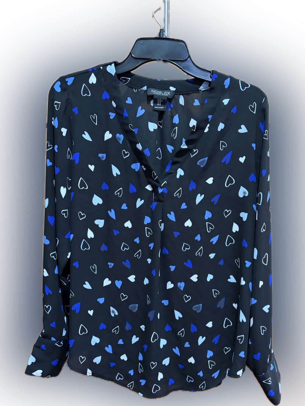 Rachel Zoe Black Heart-Print V-Neck Blouse M